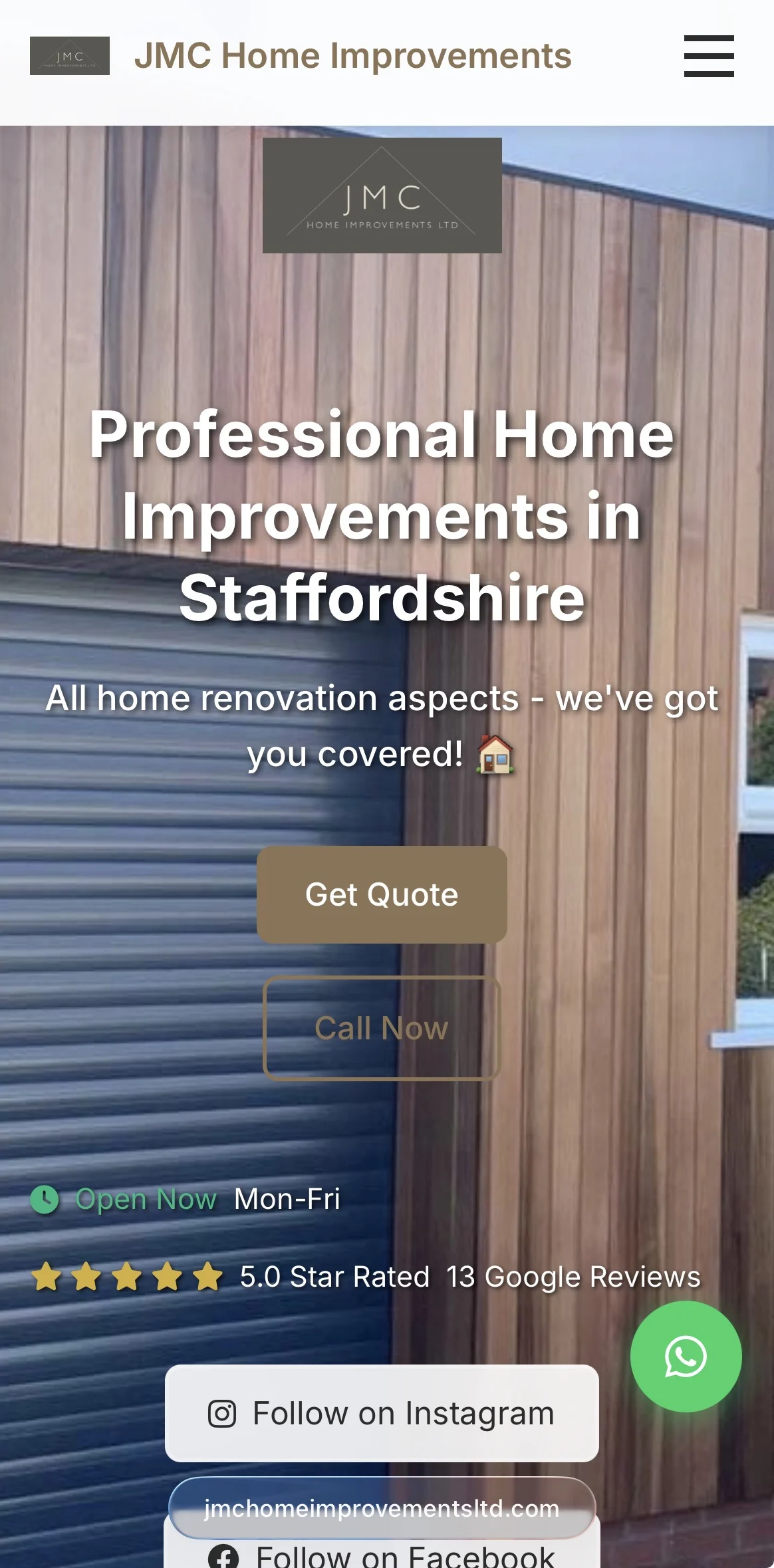 Mobile website preview for JMC Home Improvements with home exterior photography