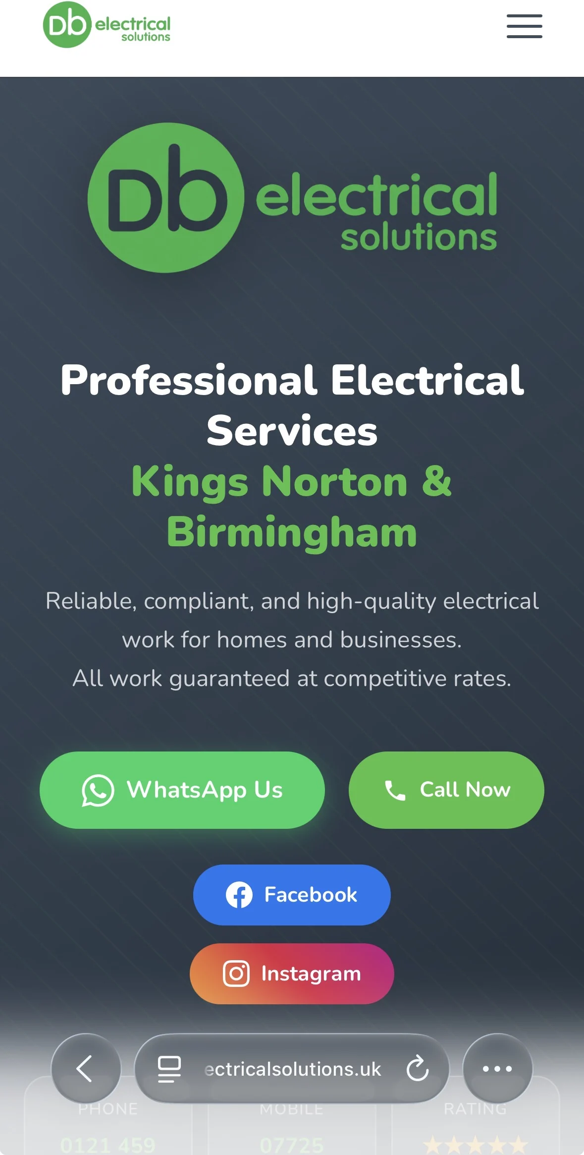 DB Electrical Solutions mobile website preview, dark charcoal with green branding and contact options