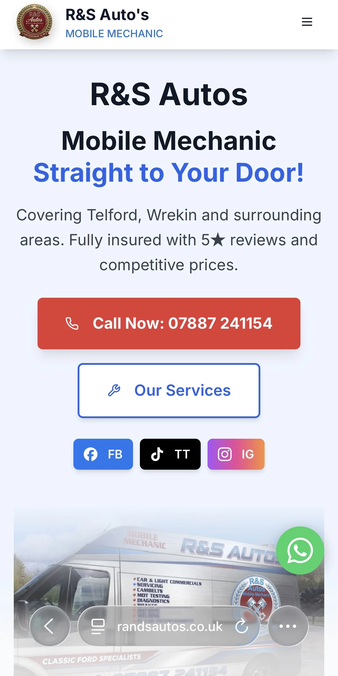 R&S Autos mobile mechanic website preview with blue headline and red call button