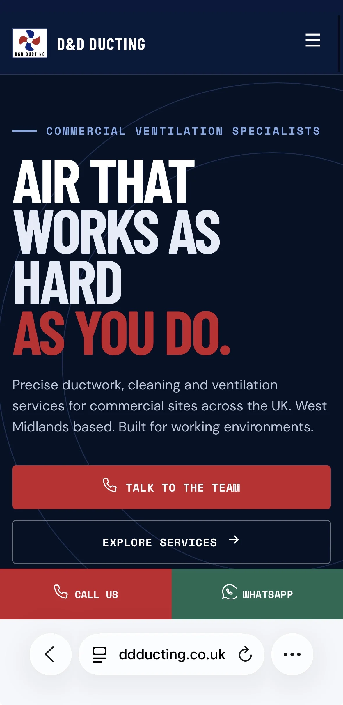 D&D Ducting mobile website preview with oversized white and red headline on navy