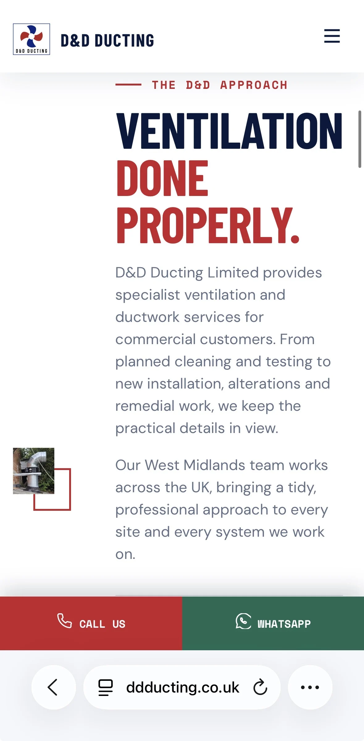 D&D Ducting mobile website content section preview