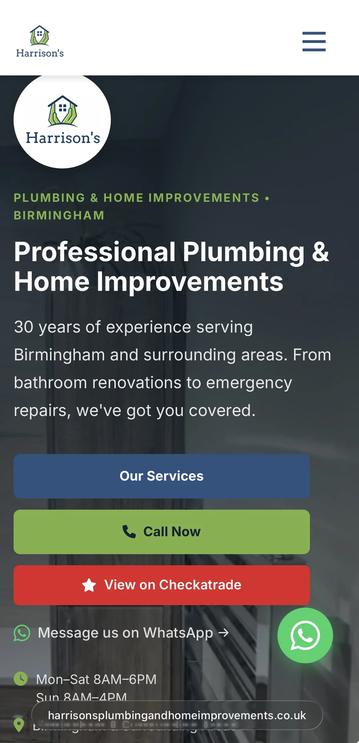 Harrison's Plumbing and Home Improvements mobile website preview with dark service section