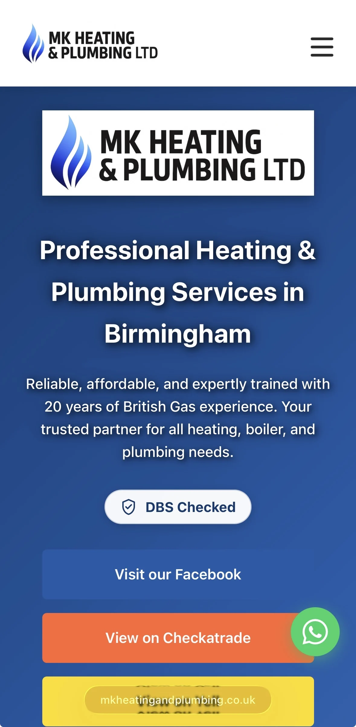 MK Heating and Plumbing mobile website preview with blue service branding