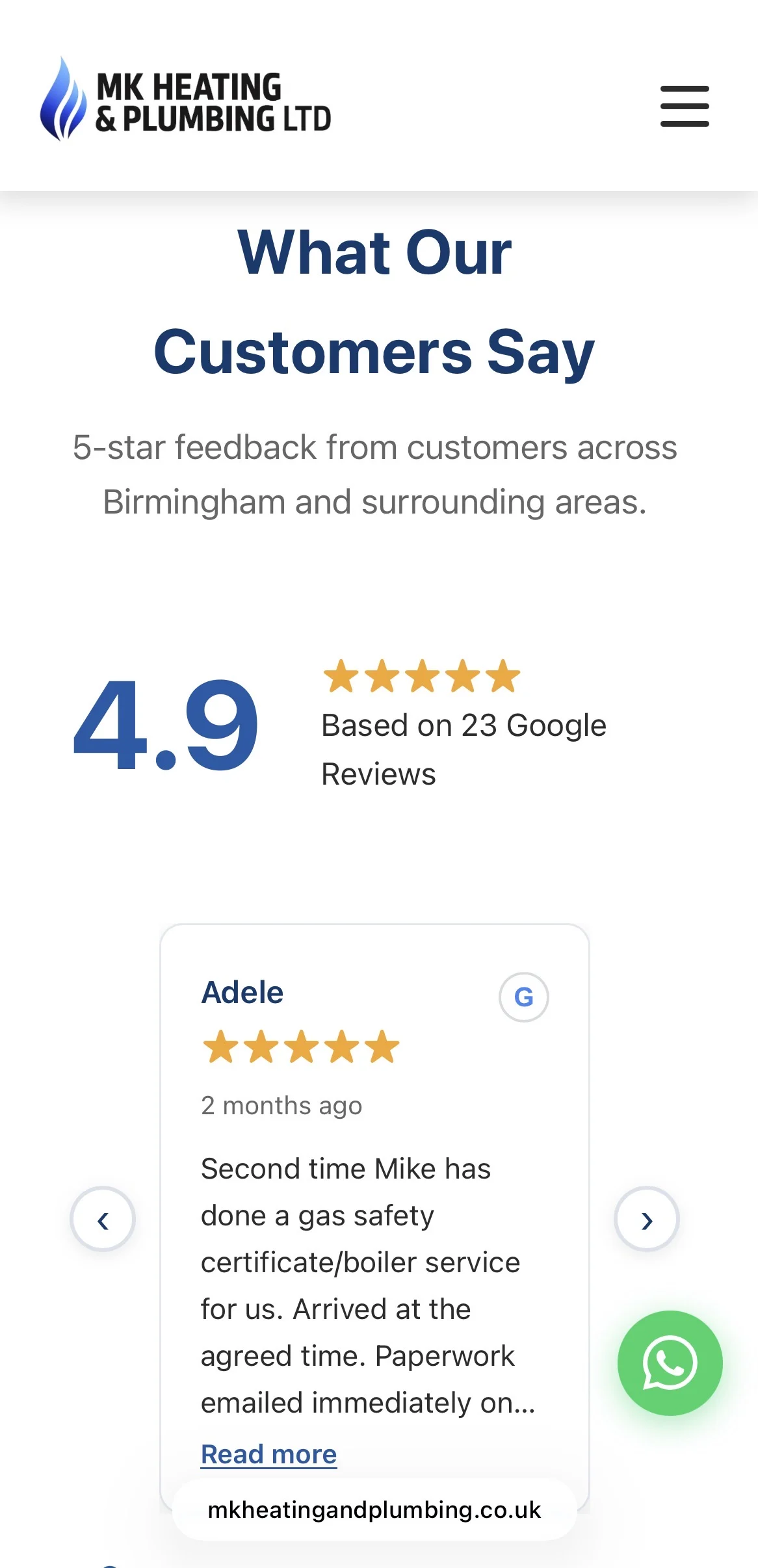 MK Heating and Plumbing website reviews section, captured on a mobile screen