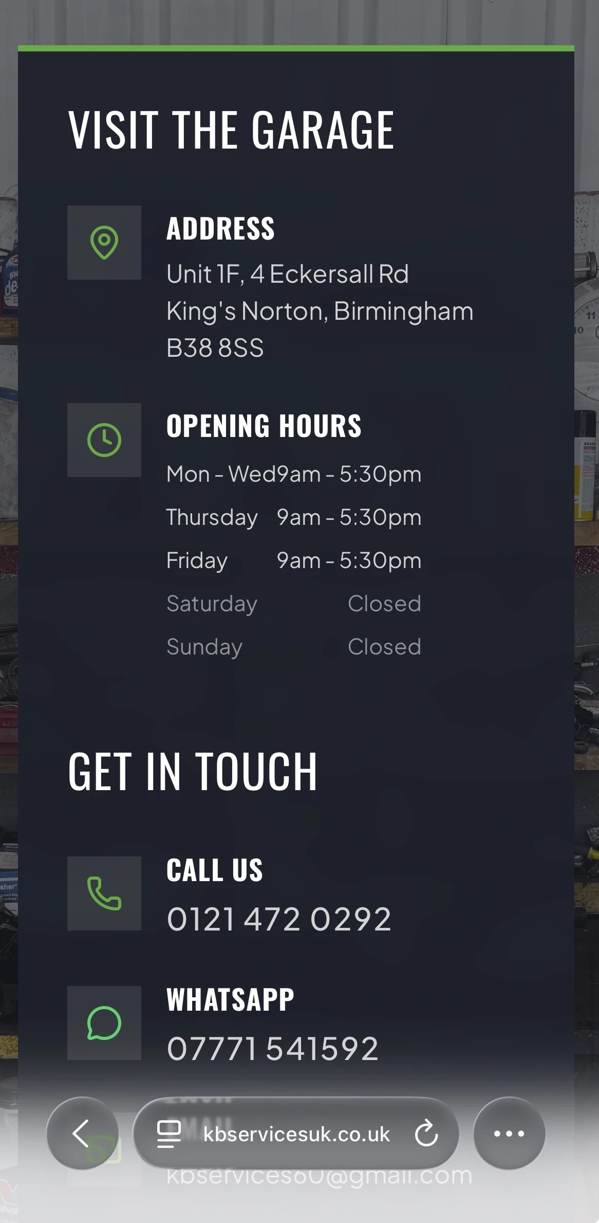 KB Services mobile contact section preview