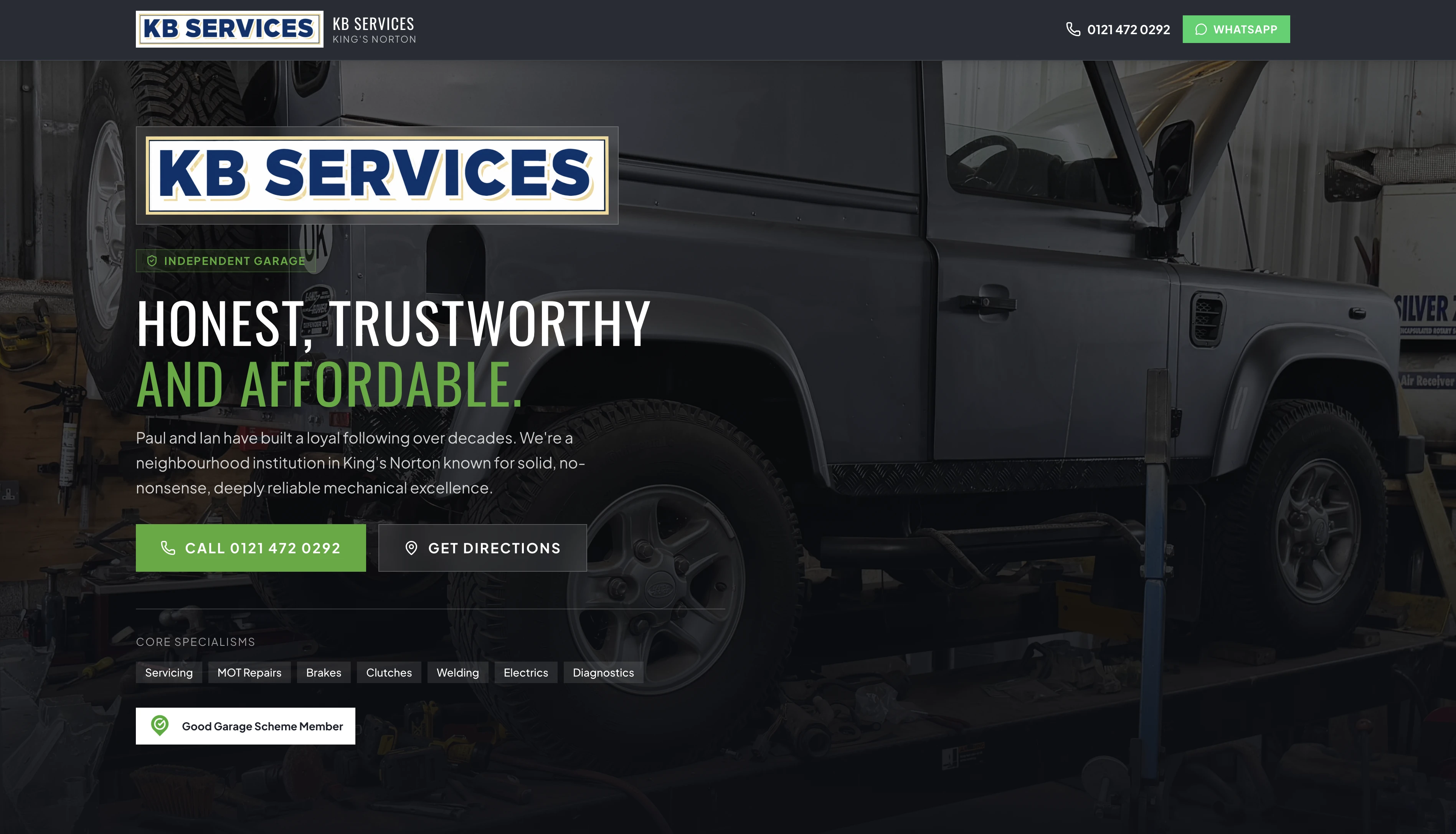 Desktop homepage preview for KB Services