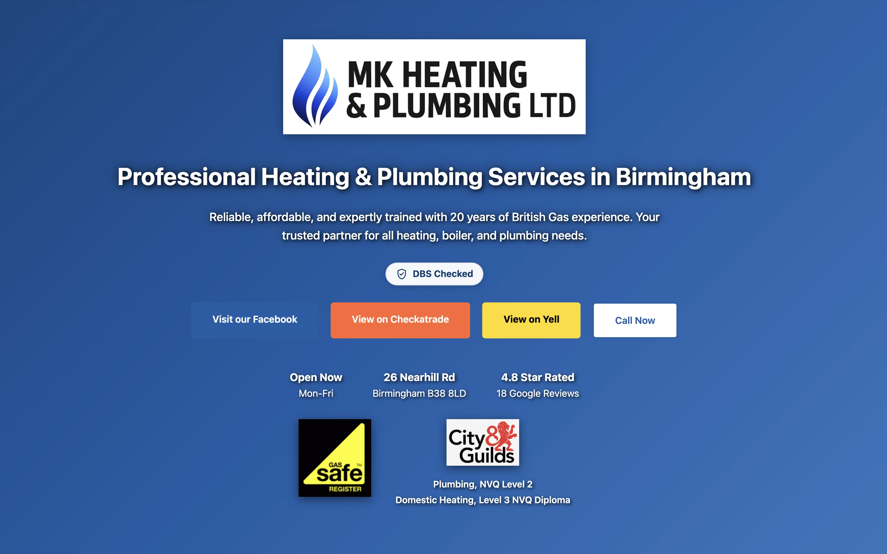 MK Heating and Plumbing desktop website preview