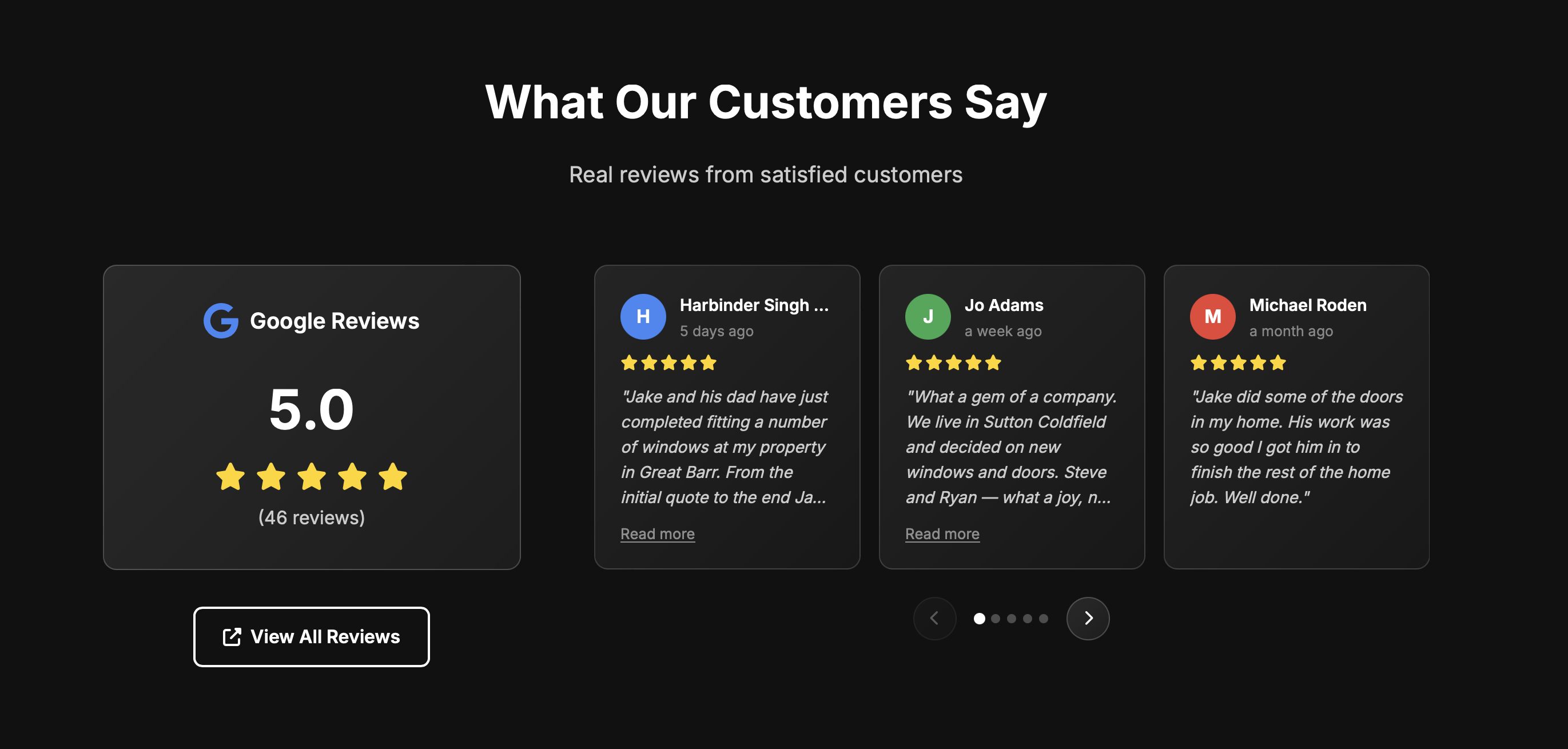 Customer reviews section displaying Google Reviews ratings
